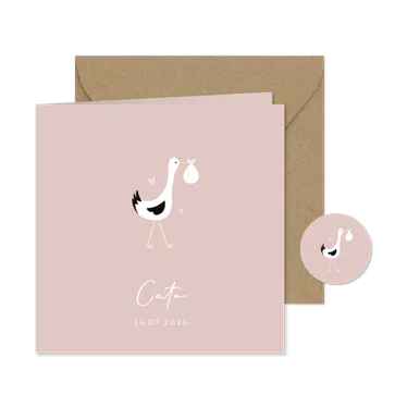 Lief en hip geboortekaartje met illustratie van een ooievaar
